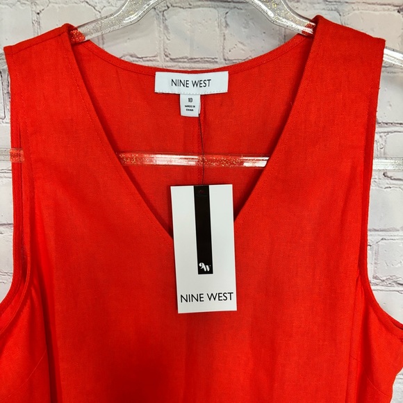 NINE WEST Gina Trapeze Linen Blend Orange V-Neck Sleeveless Dress--10 - Picture 5 of 12